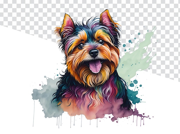 Pintura de acuarela de un lindo perro Yorkshire Terrier sobre fondo transparente