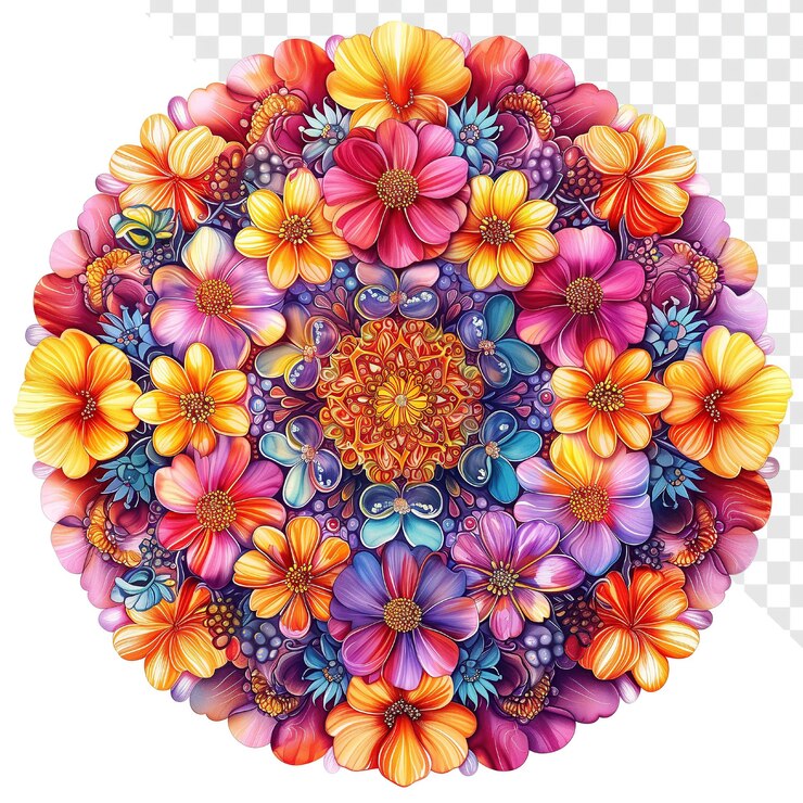 PSD pintura en acuarela de mandala de flores sobre un fondo transparente