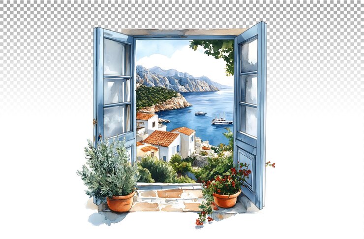 PSD pintura en acuarela de un marco de ventana con una vista panorámica de grecia