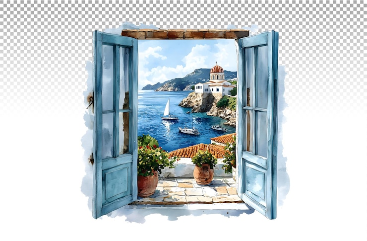 PSD pintura en acuarela de un marco de ventana con una vista panorámica de grecia