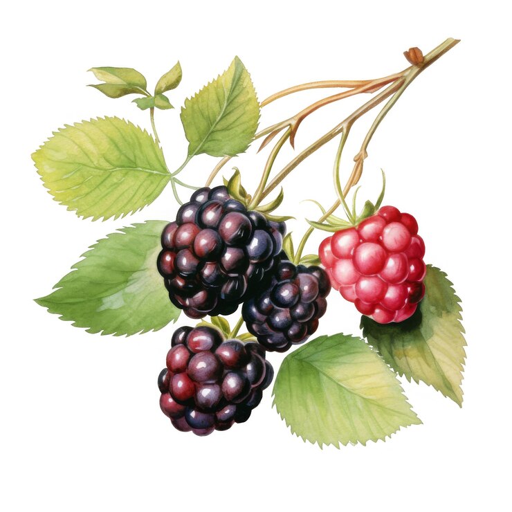 PSD pintura en acuarela de moras y una frambuesa en una rama con hojas
