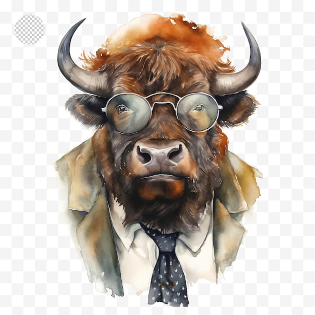 PSD una pintura de acuarela de un toro con corbata y gafas.