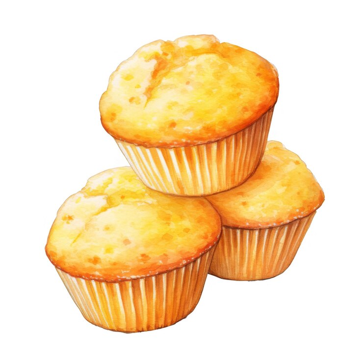 PSD pintura en acuarela de tres muffins dorados y marrones apilados
