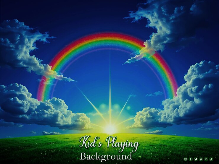 PSD una pintura de un arco iris vibrante sobre un campo verde con nubes y niños jugando en el fondo