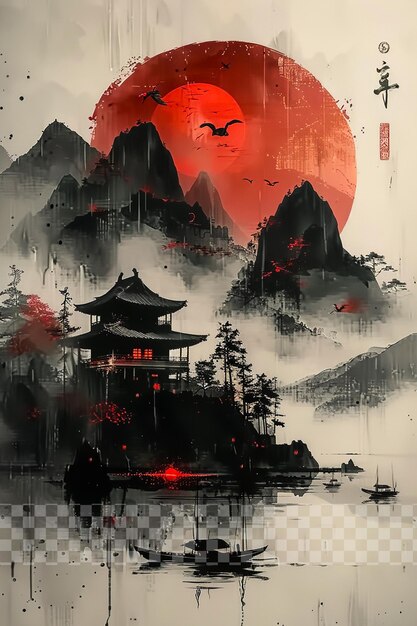 PSD pintura china con tinta con sol rojo y montañas en un fondo transparente