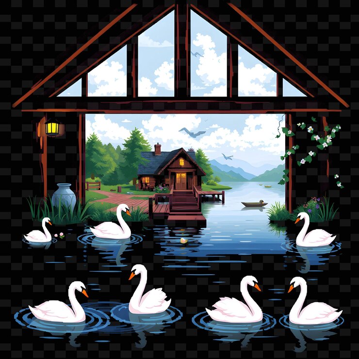 PSD una pintura de cisnes en un estanque con una casa en el fondo