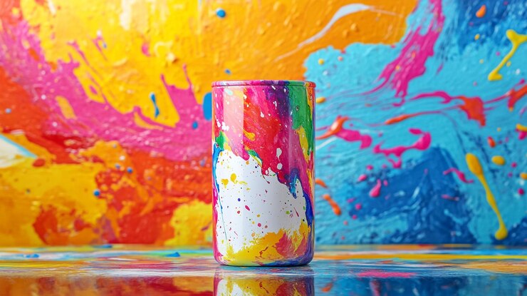 PSD la pintura de colores salpicada puede contra un fondo vibrante