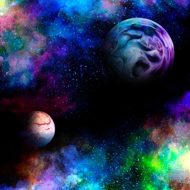 PSD una pintura colorida de un planeta con un planeta en el fondo.