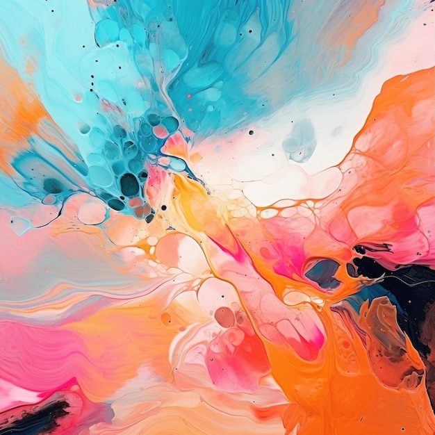Pintura de arte líquida vibrante em tons de rosa laranja azul sobre fundo branco