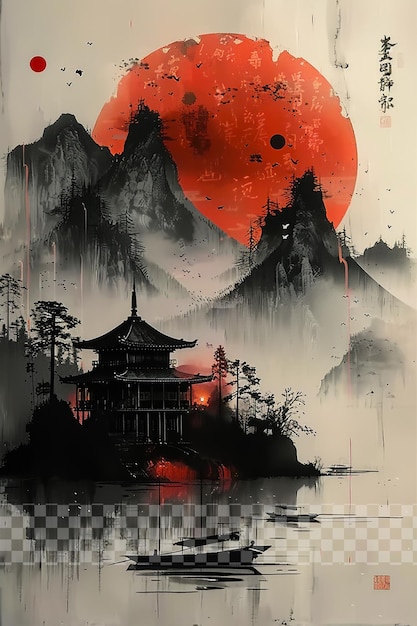 PSD pintura de tinta chinesa com sol vermelho e montanhas em fundo transparente