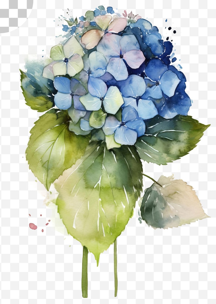 PSD pintura em aquarela de hortênsias em um download de png de fundo transparente - download de png
