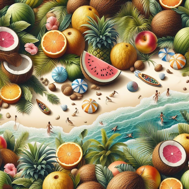 PSD una pintura de una escena de playa tropical con frutas tropicales y frutos tropicales