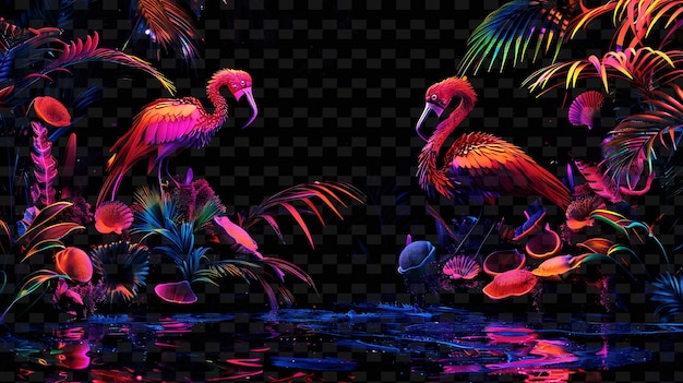 Una pintura de flamencos con los colores del arco iris