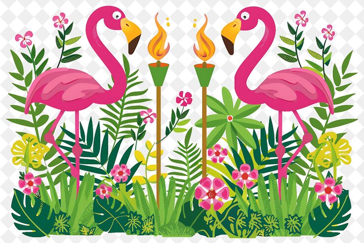 PSD una pintura de flamencos y flores con una imagen de un flamenco