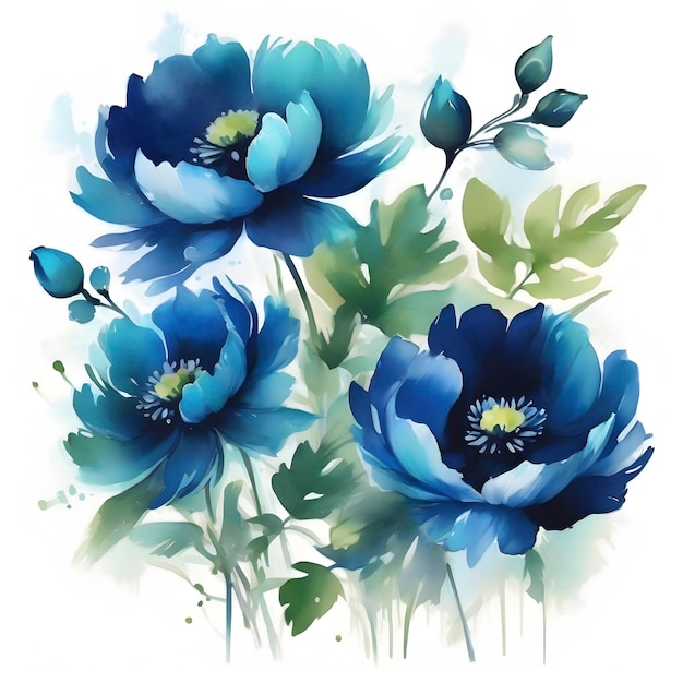 Pintura de flores azules con hojas verdes aigenerado