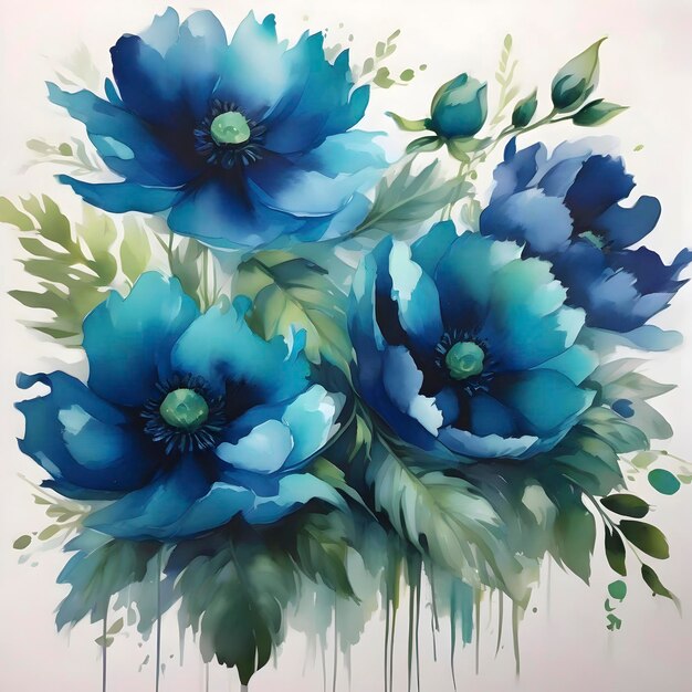 Pintura de flores azules con hojas verdes aigenerado