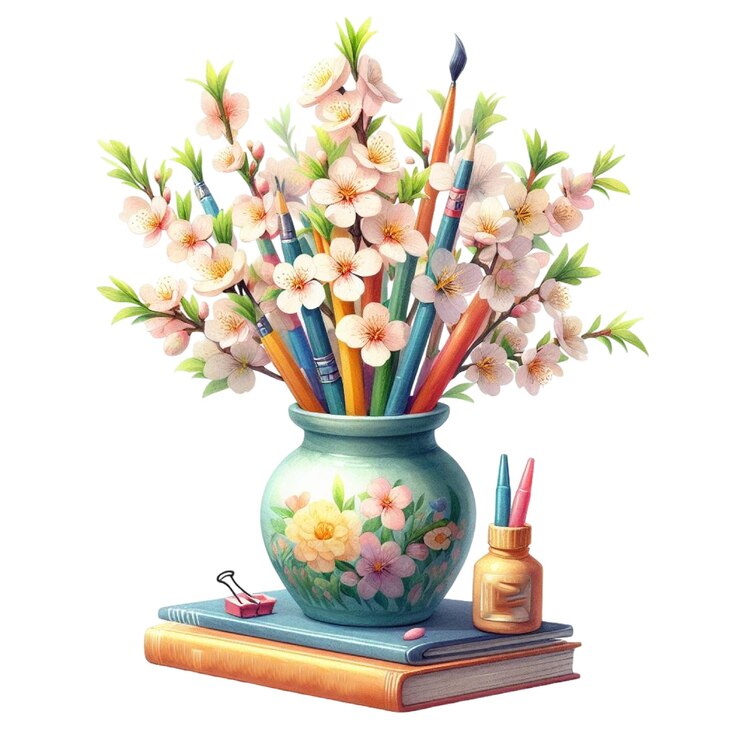 PSD una pintura de flores y lápices en un fondo blanco
