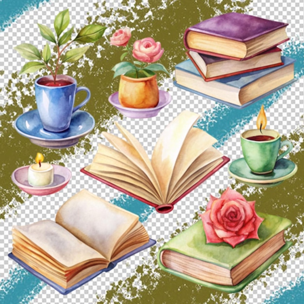Una pintura de flores y libros en una mesa con un libro y un libro con un libro en él