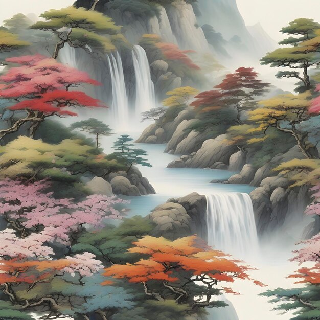 PSD pintura japonesa de montanhas, florestas, cachoeiras e flores coloridas