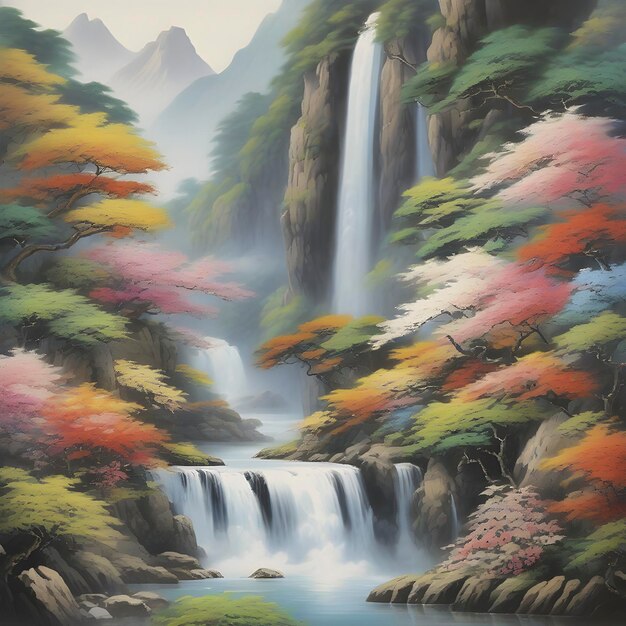 PSD pintura japonesa de montanhas, florestas, cachoeiras e flores coloridas