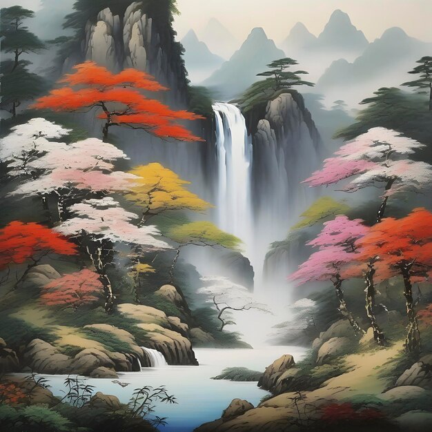 PSD pintura japonesa de montañas bosques cascadas y flores de colores