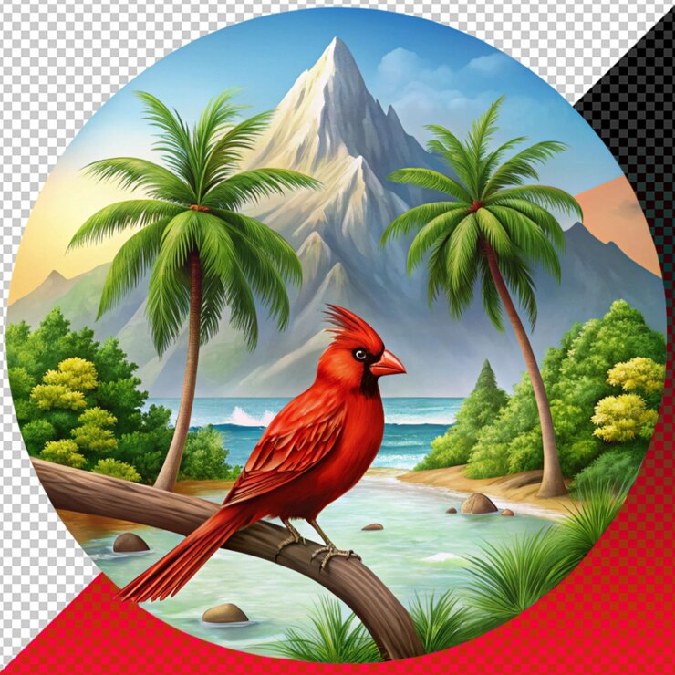 PSD una pintura de un loro con una puesta de sol en el fondo