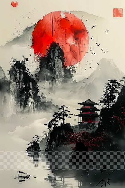 Una pintura de una pagoda con un corazón rojo en el medio