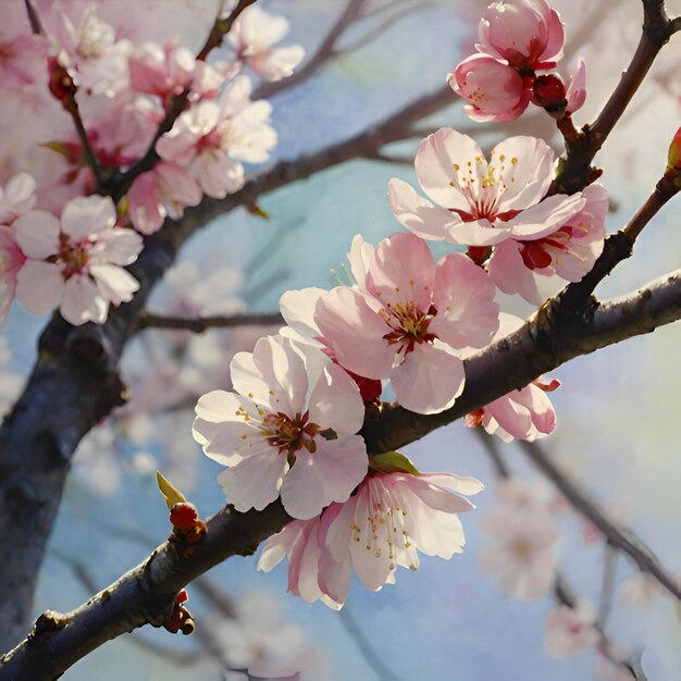 PSD pintura de un paisaje de cerezas en flor por la mañana