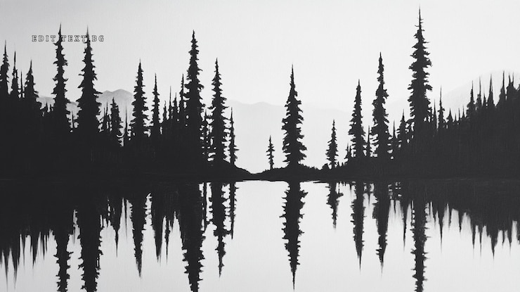 PSD pintura de paisaje monocromática de un lago tranquilo que refleja una línea de árboles de hoja perenne y montañas lejanas