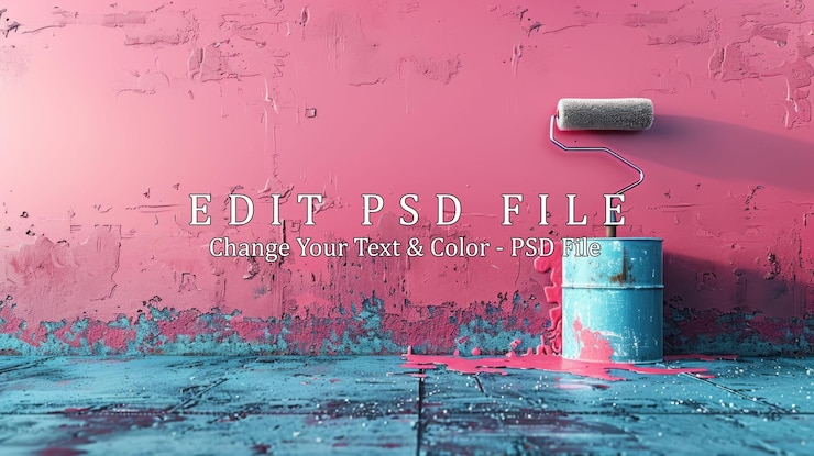 PSD pintura rosa derramada en un piso azul