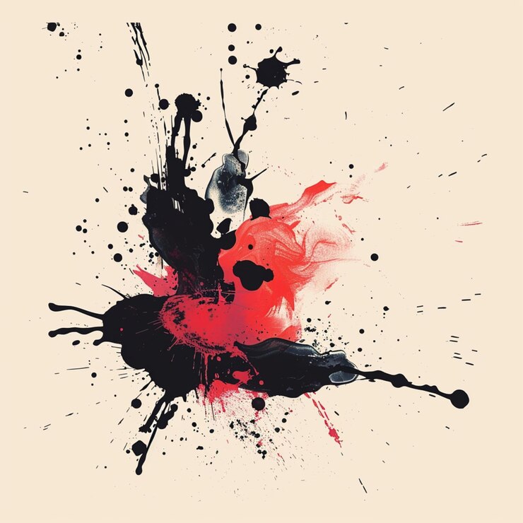 una pintura de un salto rojo y negro con una mancha roja en él