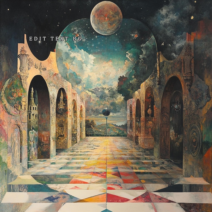 PSD pintura surrealista de uma paisagem celeste com elementos arquitetônicos arcos e um chão a xadrez que leva a um horizonte distante