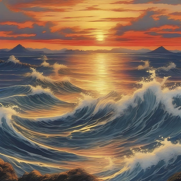 PSD pintura tradicional de estilo japonés del océano y las hermosas olas al atardecer