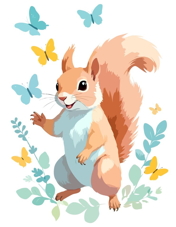 PSD pintura vectorial de ardilla animales divertidos y adorables jugando con mariposas