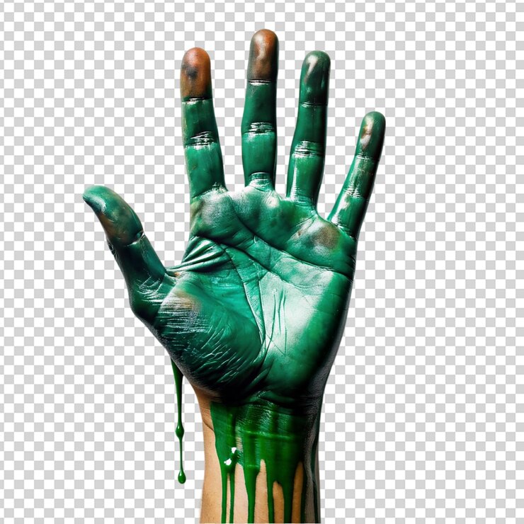 PSD pintura verde goteando en la mano aislada sobre un fondo transparente