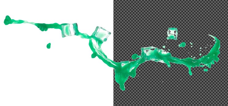 PSD pintura verde líquido volar en el aire con cubo de hielo fresco jugo de verduras de manzana cayendo dispersión explosión flotar en forma de línea de gotas fondo blanco aislado congelar movimiento obturador de alta velocidad