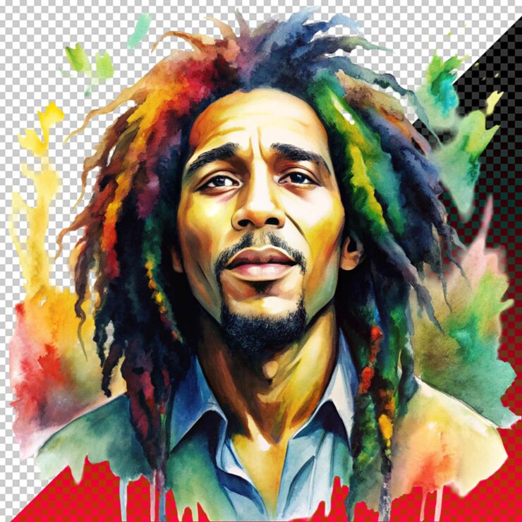 PSD pintura vibrante de bob marley el legendario cantante acuarela pintura de arte sobre un fondo transparente