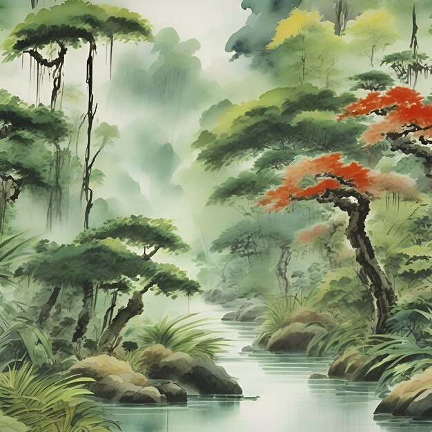 PSD pinturas a aquarela da floresta tropical no estilo das pinturas tradicionais japonesas