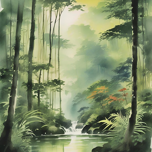 PSD pinturas a aquarela da floresta tropical no estilo das pinturas tradicionais japonesas