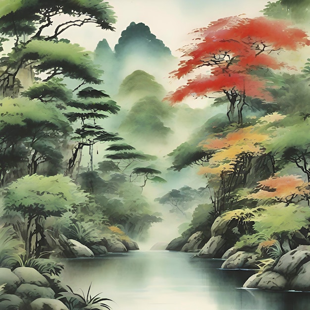 PSD pinturas en acuarela de la selva tropical al estilo de las pinturas tradicionales japonesas