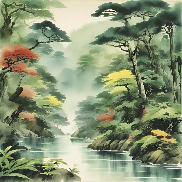 PSD pinturas en acuarela de la selva tropical al estilo de las pinturas tradicionales japonesas