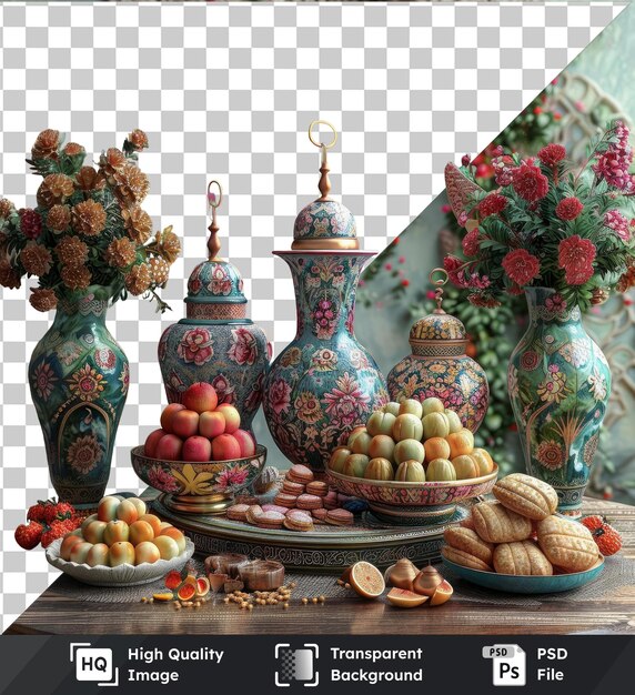 PSD pinturas tradicionais do ramadã exibidas em uma mesa de madeira adornada com uma variedade de flores coloridas, incluindo flores de laranja vermelha e laranja vermella, um vaso azul e uma tigela branca