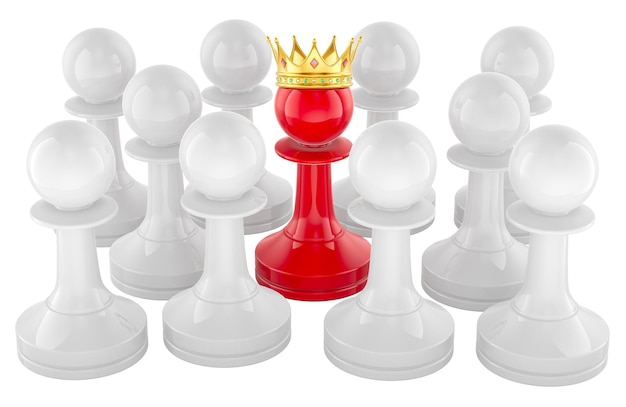 Pion rouge avec couronne dorée et autres pions transparents Concept de chef à partir de pions d'échecs Rendering 3D isolé sur fond transparent