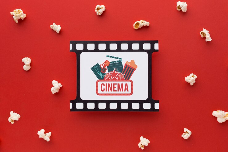 PSD pipoca e tira de filme retrô de vista superior