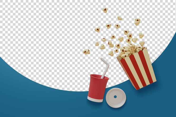 PSD pipoca e vidro de cinema derramado no chão 3d render ilustração