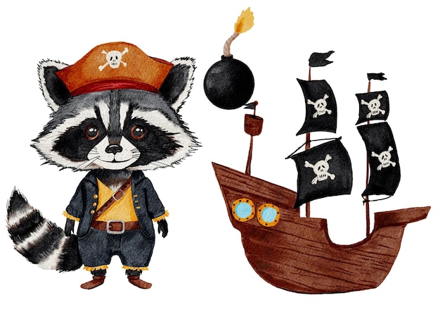 Pirata Raccoon com ilustração de desenho animado de navio e bomba