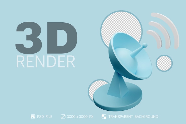 PSD piring satelit 3d dan sinyal wi-fi dengan latar belakang terisolasi