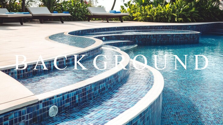 PSD une piscine avec des carreaux et des marches bleus