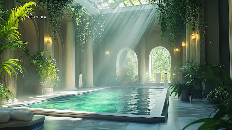 PSD une piscine intérieure éclairée par le soleil dans un atrium de style classique luxuriant
