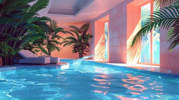 PSD piscine intérieure luxueuse avec de grandes fenêtres et des plantes tropicales